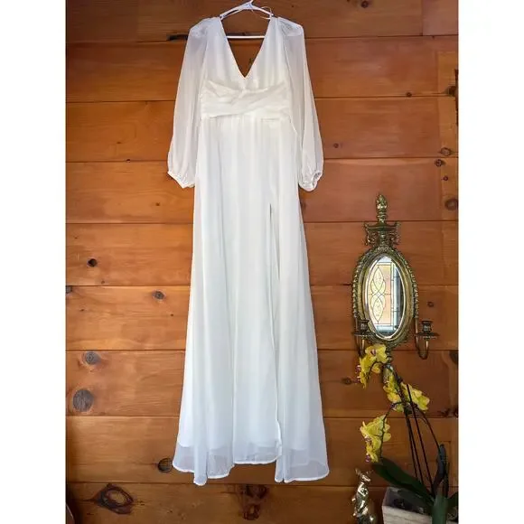 Lulus Enchant My Love White V-Neck Long Sleeve Maxi Dress Bridal Bide Wedding M - Picture 4 of 6